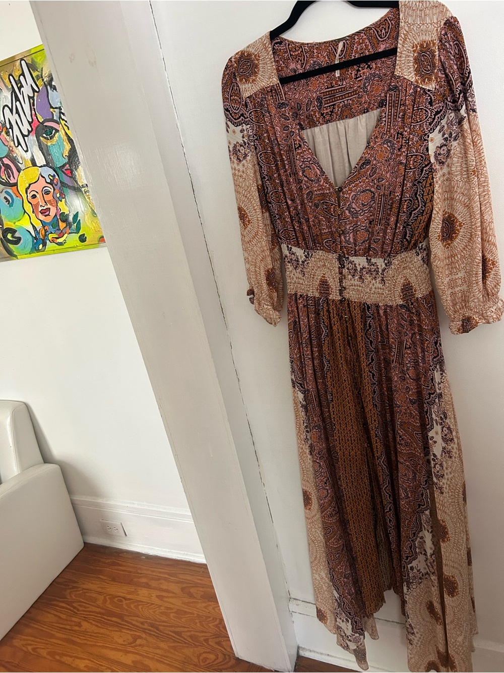 Free People Boho Paisley Maxi Dress in Cream and Brown